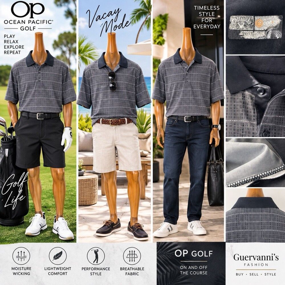 op Polo Shirt Mens 2XL Lightweight Blue/Black  Striped Casual Golf Short Sleeve